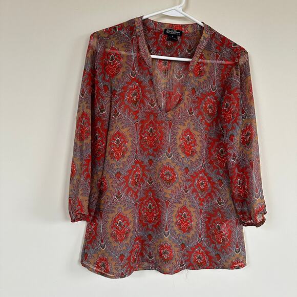 Lucky Brand Tops - Lucky Brand V-Neck Blouse Semi Sheer Paisley Floral Red Lightweight Sz SMALL